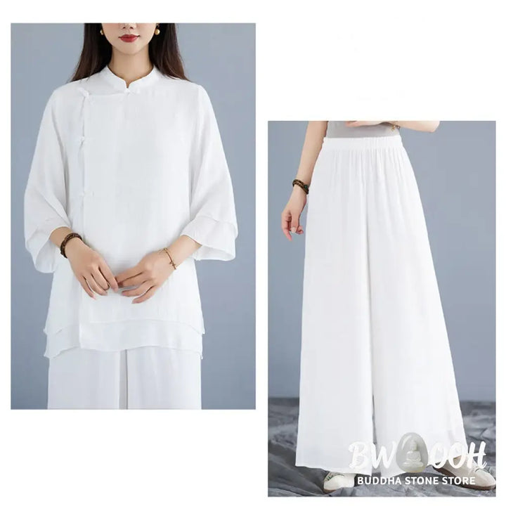 BWOOOH 2Pcs Solid Color White Frog-Button Three Quarter Sleeve Shirt Wide Leg Pants Meditation Zen Clothing Women’s Set