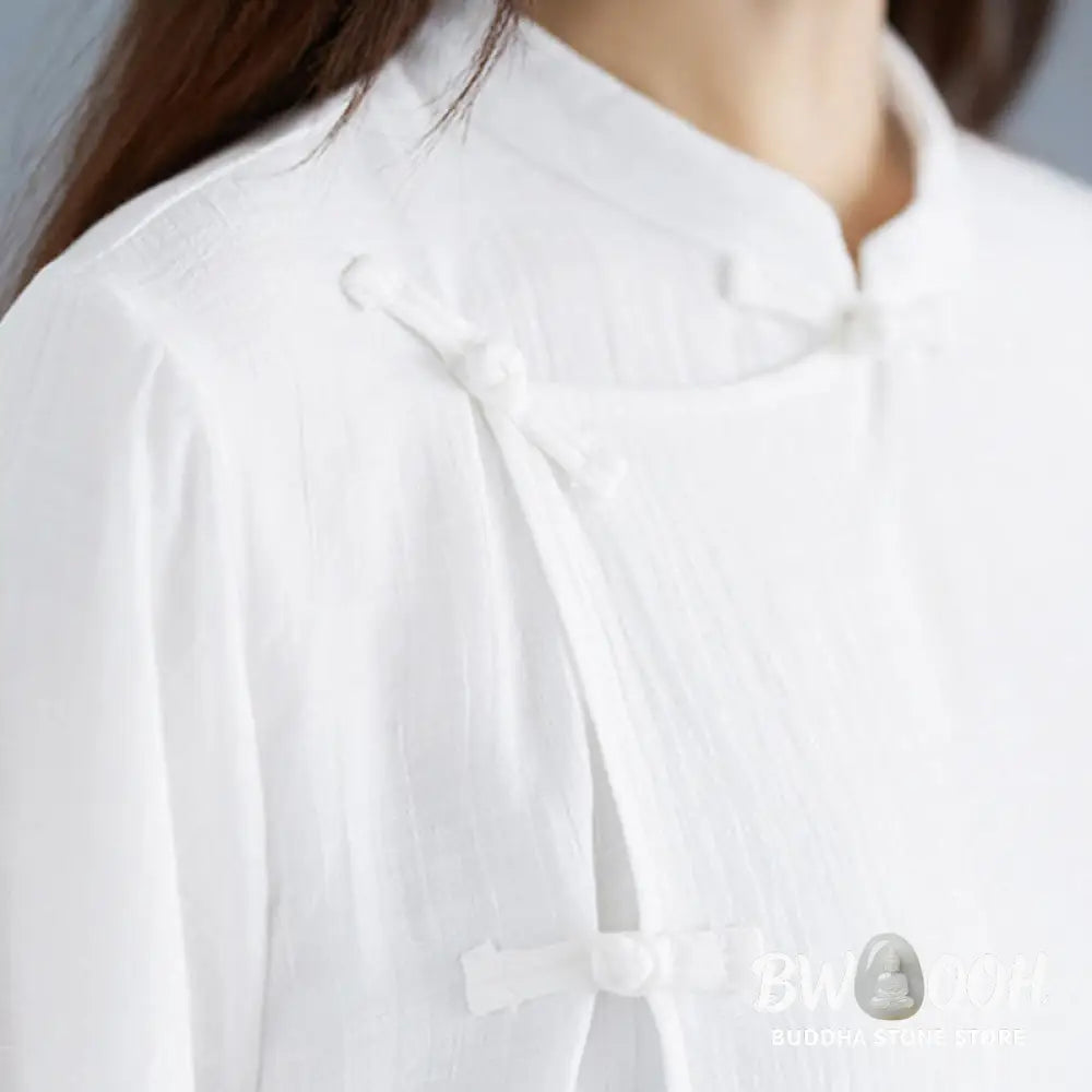 BWOOOH 2Pcs Solid Color White Frog-Button Three Quarter Sleeve Shirt Wide Leg Pants Meditation Zen Clothing Women’s Set