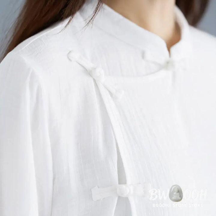 BWOOOH 2Pcs Solid Color White Frog-Button Three Quarter Sleeve Shirt Wide Leg Pants Meditation Zen Clothing Women’s Set