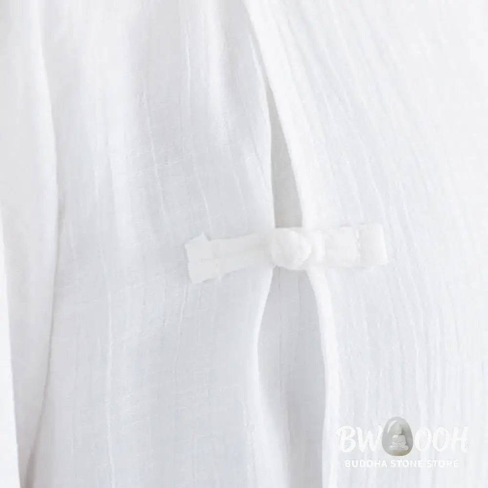 BWOOOH 2Pcs Solid Color White Frog-Button Three Quarter Sleeve Shirt Wide Leg Pants Meditation Zen Clothing Women’s Set