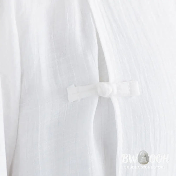 BWOOOH 2Pcs Solid Color White Frog-Button Three Quarter Sleeve Shirt Wide Leg Pants Meditation Zen Clothing Women’s Set