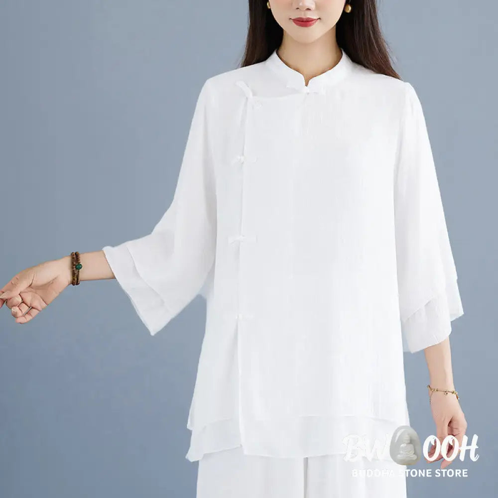 BWOOOH 2Pcs Solid Color White Frog-Button Three Quarter Sleeve Shirt Wide Leg Pants Meditation Zen Clothing Women’s Set