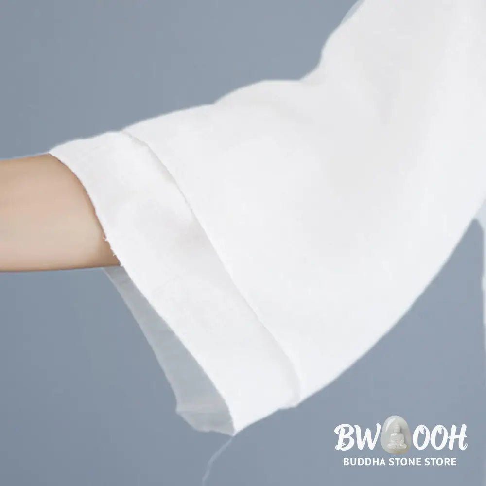 BWOOOH 2Pcs Solid Color White Frog-Button Three Quarter Sleeve Shirt Wide Leg Pants Meditation Zen Clothing Women’s Set