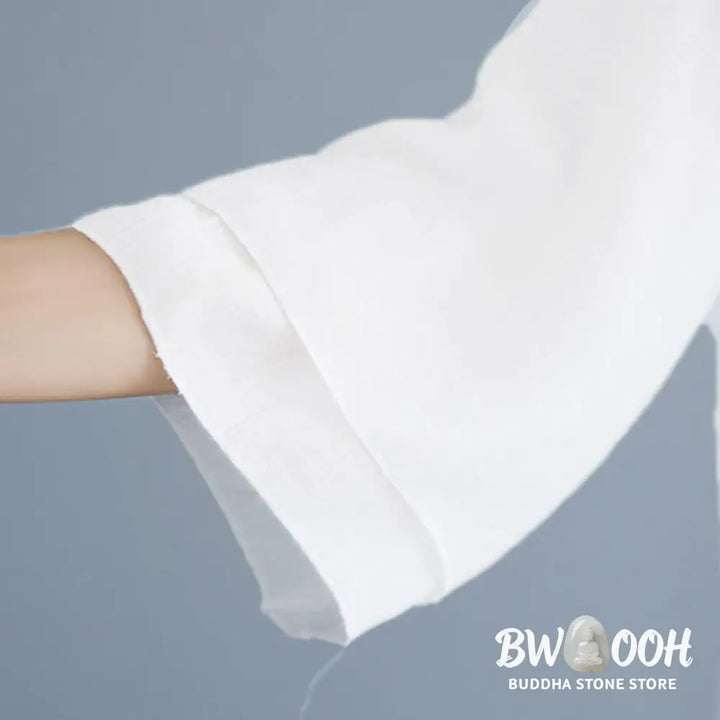BWOOOH 2Pcs Solid Color White Frog-Button Three Quarter Sleeve Shirt Wide Leg Pants Meditation Zen Clothing Women’s Set