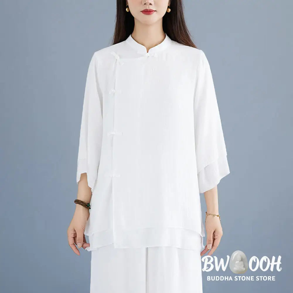 BWOOOH 2Pcs Solid Color White Frog-Button Three Quarter Sleeve Shirt Wide Leg Pants Meditation Zen Clothing Women’s Set