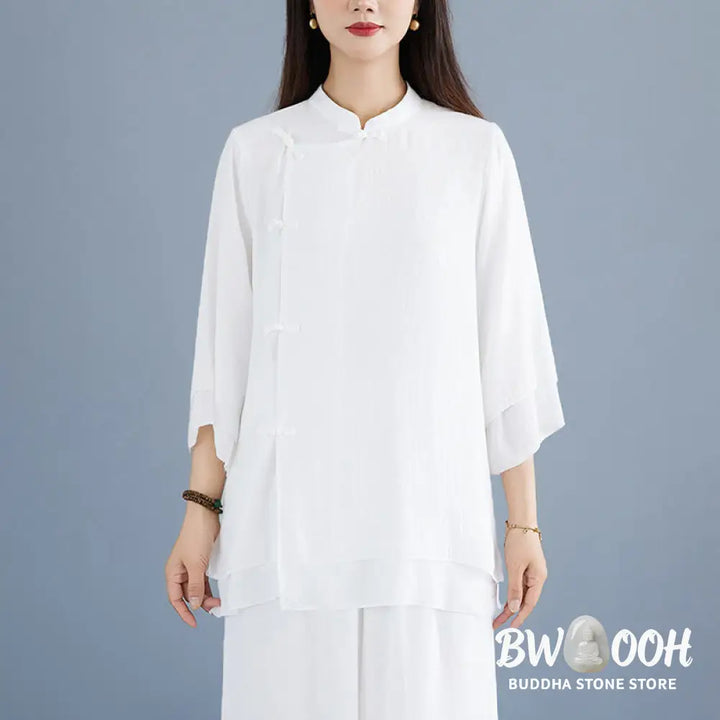 BWOOOH 2Pcs Solid Color White Frog-Button Three Quarter Sleeve Shirt Wide Leg Pants Meditation Zen Clothing Women’s Set
