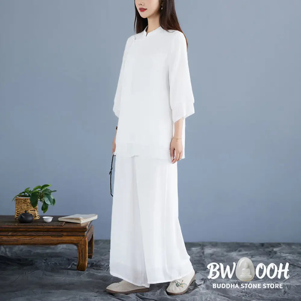 BWOOOH 2Pcs Solid Color White Frog-Button Three Quarter Sleeve Shirt Wide Leg Pants Meditation Zen Clothing Women’s Set