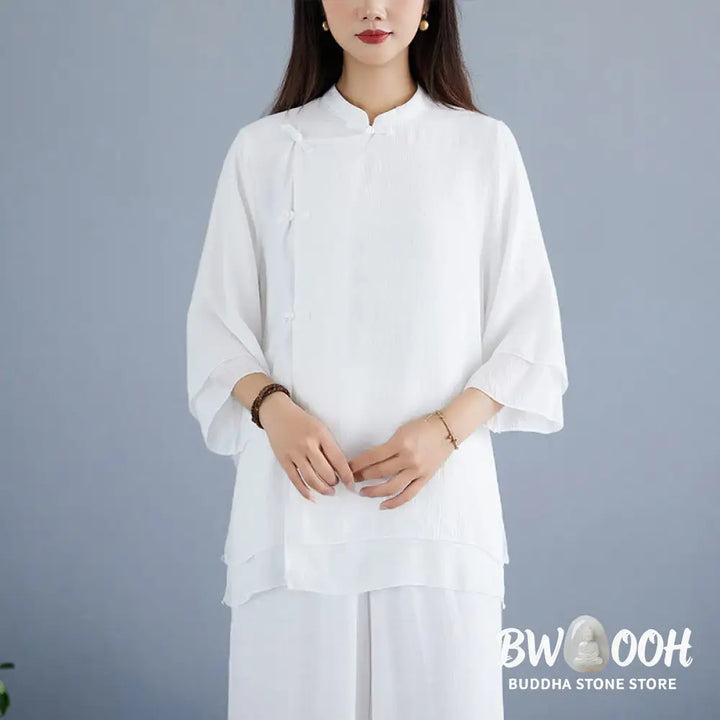 BWOOOH 2Pcs Solid Color White Frog-Button Three Quarter Sleeve Shirt Wide Leg Pants Meditation Zen Clothing Women’s Set