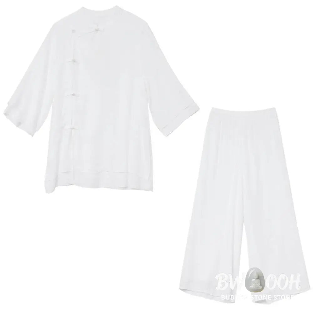BWOOOH 2Pcs Solid Color White Frog-Button Three Quarter Sleeve Shirt Wide Leg Pants Meditation Zen Clothing Women’s Set