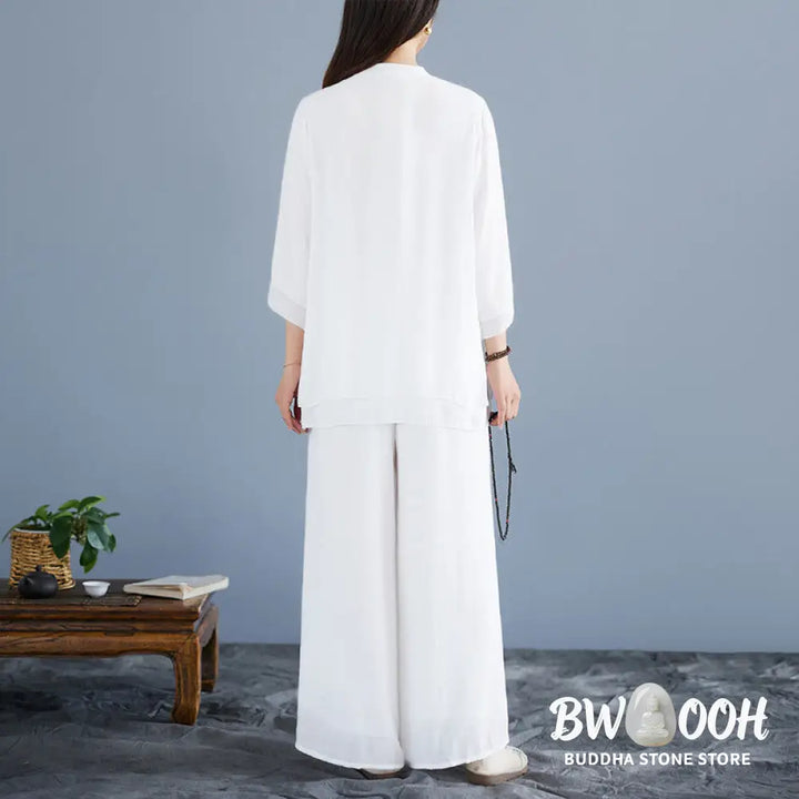 BWOOOH 2Pcs Solid Color White Frog-Button Three Quarter Sleeve Shirt Wide Leg Pants Meditation Zen Clothing Women’s Set