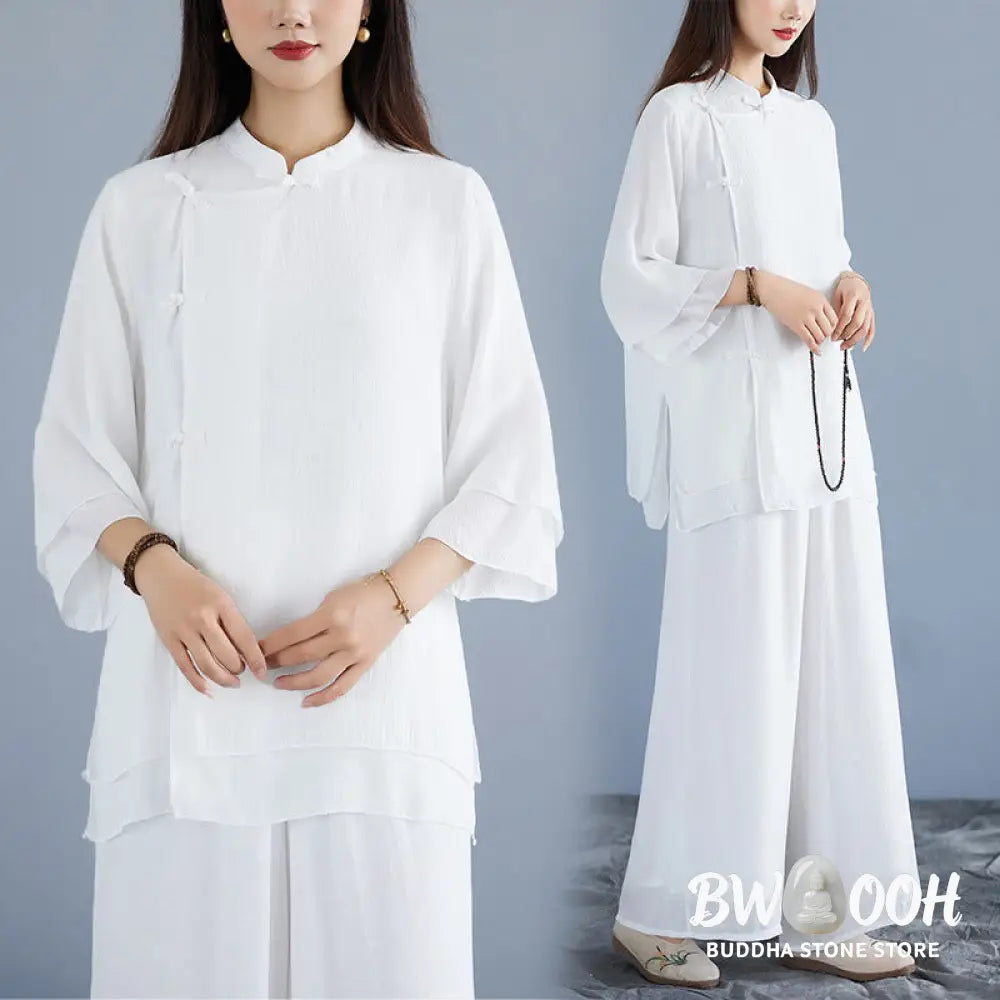 BWOOOH 2Pcs Solid Color White Frog-Button Three Quarter Sleeve Shirt Wide Leg Pants Meditation Zen Clothing Women’s Set