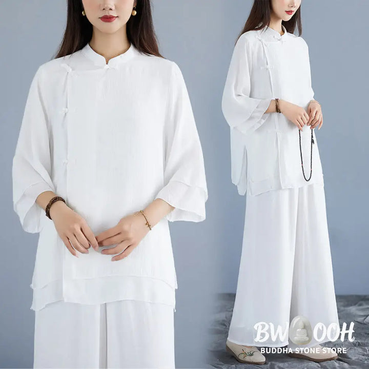 BWOOOH 2Pcs Solid Color White Frog-Button Three Quarter Sleeve Shirt Wide Leg Pants Meditation Zen Clothing Women’s Set