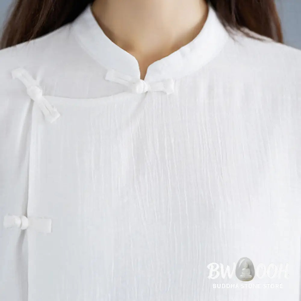 BWOOOH 2Pcs Solid Color White Frog-Button Three Quarter Sleeve Shirt Wide Leg Pants Meditation Zen Clothing Women’s Set