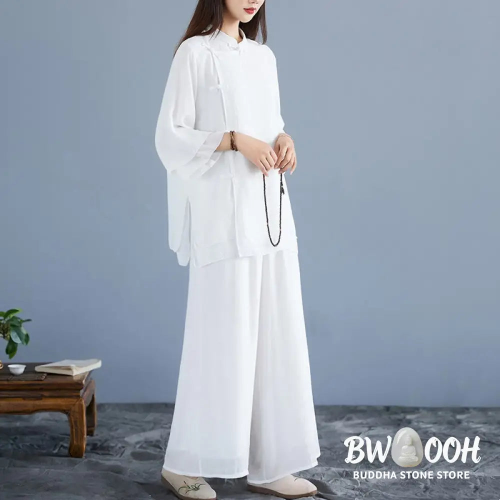 BWOOOH 2Pcs Solid Color White Frog-Button Three Quarter Sleeve Shirt Wide Leg Pants Meditation Zen Clothing Women’s Set