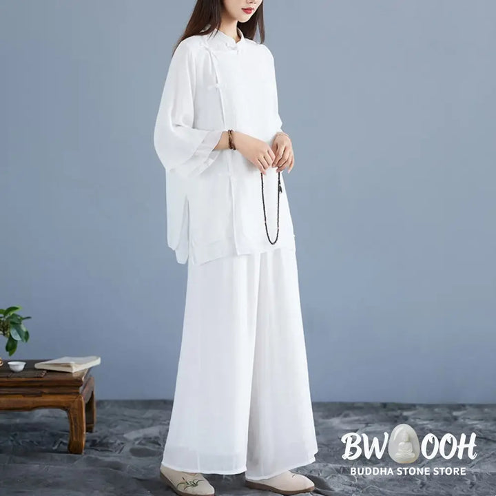 BWOOOH 2Pcs Solid Color White Frog-Button Three Quarter Sleeve Shirt Wide Leg Pants Meditation Zen Clothing Women’s Set