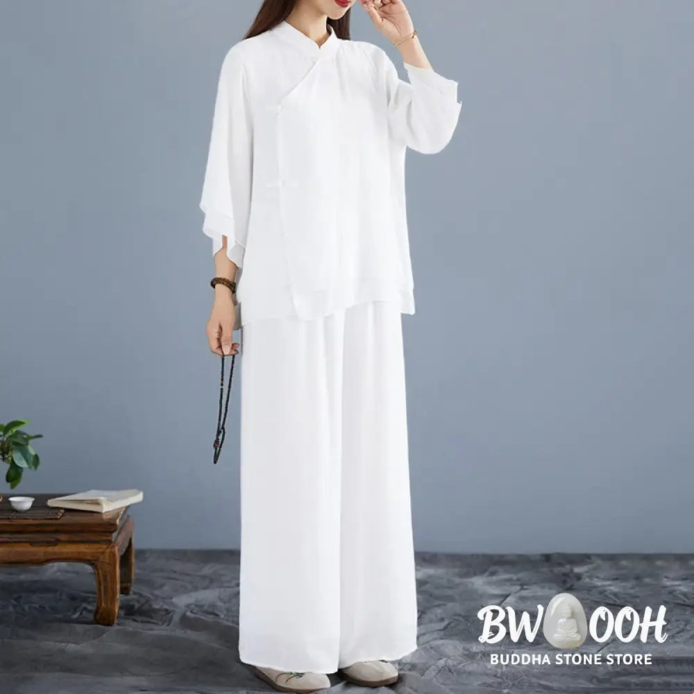 BWOOOH 2Pcs Solid Color White Frog-Button Three Quarter Sleeve Shirt Wide Leg Pants Meditation Zen Clothing Women’s Set