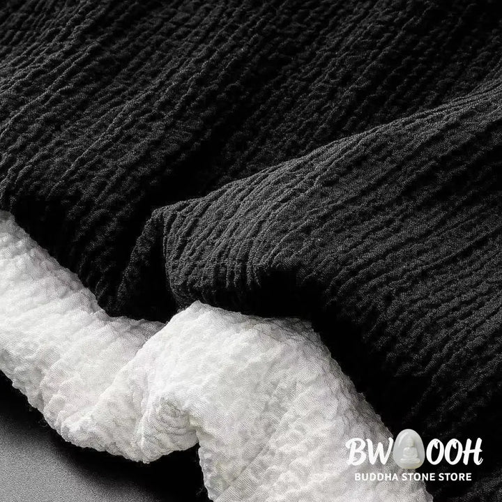 BWOOOH 2Pcs Solid Color Wrinkle V-Neck Short Sleeve T-shirt Pants Clothing Men’s Set - Men’s Meditation Cloth