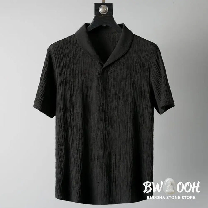 BWOOOH 2Pcs Solid Color Wrinkle V-Neck Short Sleeve T-shirt Pants Clothing Men’s Set - Men’s Meditation Cloth