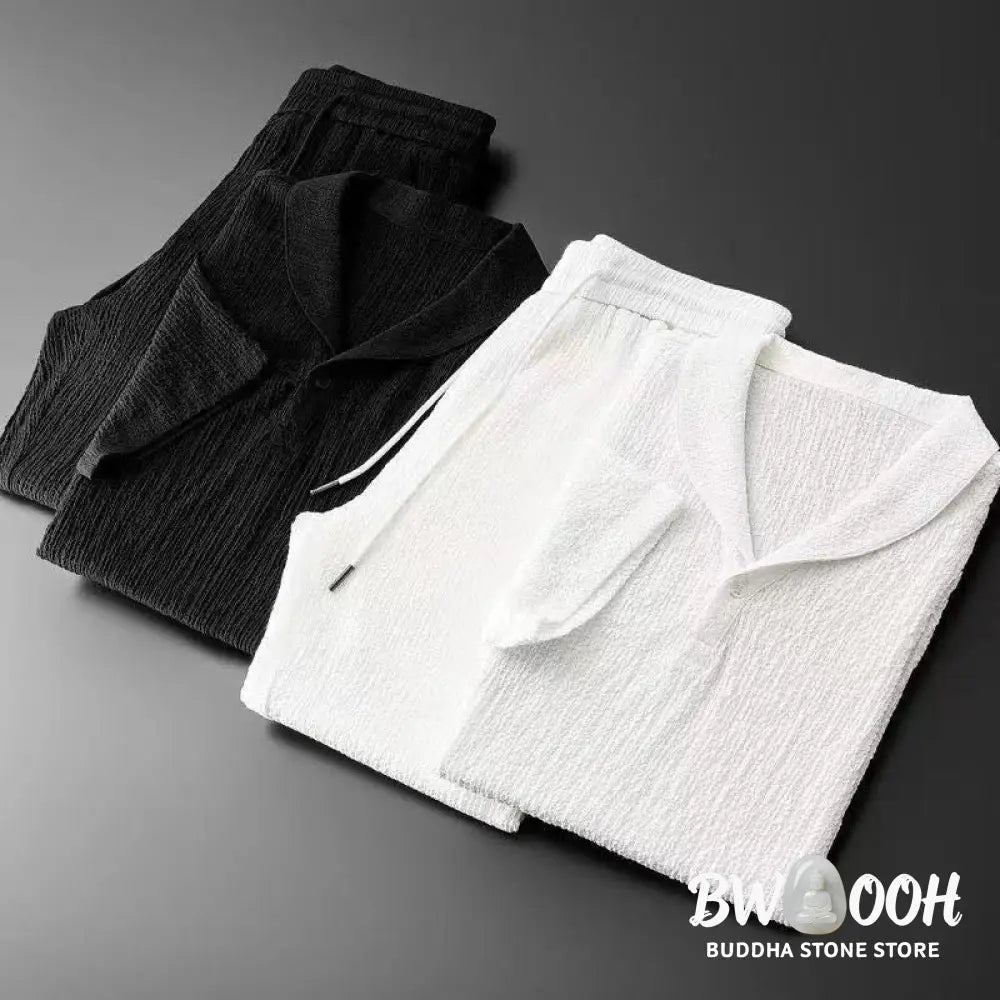 BWOOOH 2Pcs Solid Color Wrinkle V-Neck Short Sleeve T-shirt Pants Clothing Men’s Set - Men’s Meditation Cloth