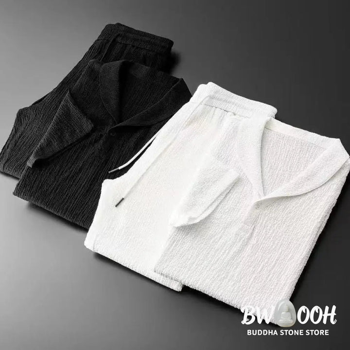 BWOOOH 2Pcs Solid Color Wrinkle V-Neck Short Sleeve T-shirt Pants Clothing Men’s Set - Men’s Meditation Cloth