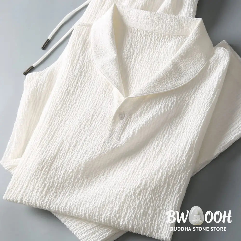 BWOOOH 2Pcs Solid Color Wrinkle V-Neck Short Sleeve T-shirt Pants Clothing Men’s Set - Men’s Meditation Cloth