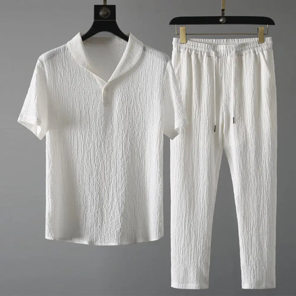 BWOOOH 2Pcs Solid Color Wrinkle V-Neck Short Sleeve T-shirt Pants Clothing Men’s Set - White / US/UK/AU38，EU48 (XL)