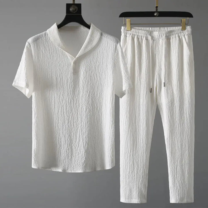 BWOOOH 2Pcs Solid Color Wrinkle V-Neck Short Sleeve T-shirt Pants Clothing Men’s Set - White / US/UK/AU38，EU48 (XL)