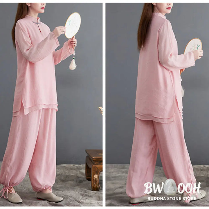 BWOOOH 2Pcs Solid Women’s Long Sleeve Shirt Pants Meditation Clothing Set - Women’s Meditation Cloth