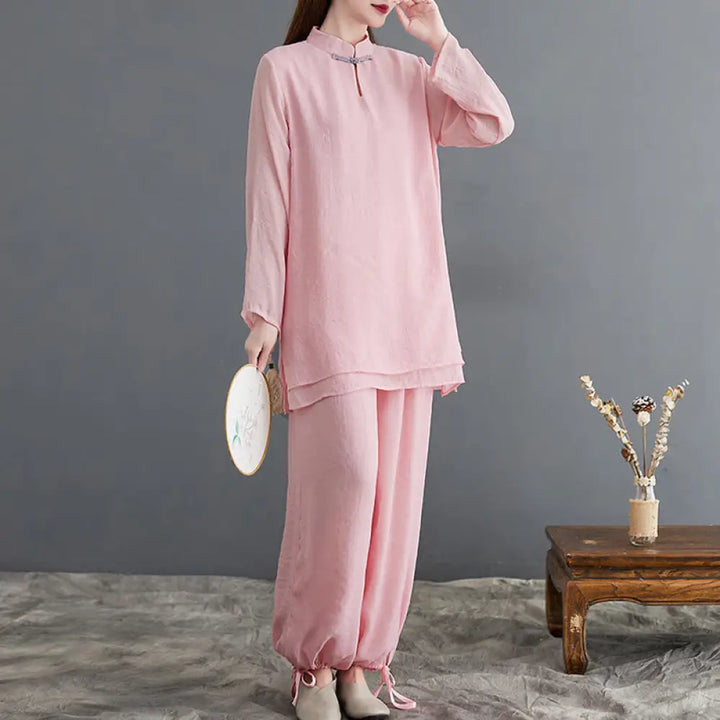 BWOOOH 2Pcs Solid Women’s Long Sleeve Shirt Pants Meditation Clothing Set - Pink / US4，UK/AU8，EU36 (L) - Women’s