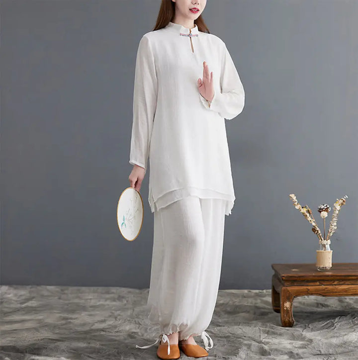 BWOOOH 2Pcs Solid Women’s Long Sleeve Shirt Pants Meditation Clothing Set - White / US4，UK/AU8，EU36 (L) - Women’s