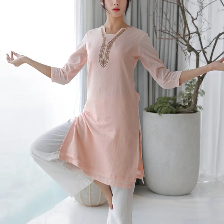 BWOOOH 2Pcs Tai Chi Meditation Yoga Cotton Clothing Top Pants Women’s Set - Pink(Top&amp;Pants) / US0，UK/AU4，EU32 (S)