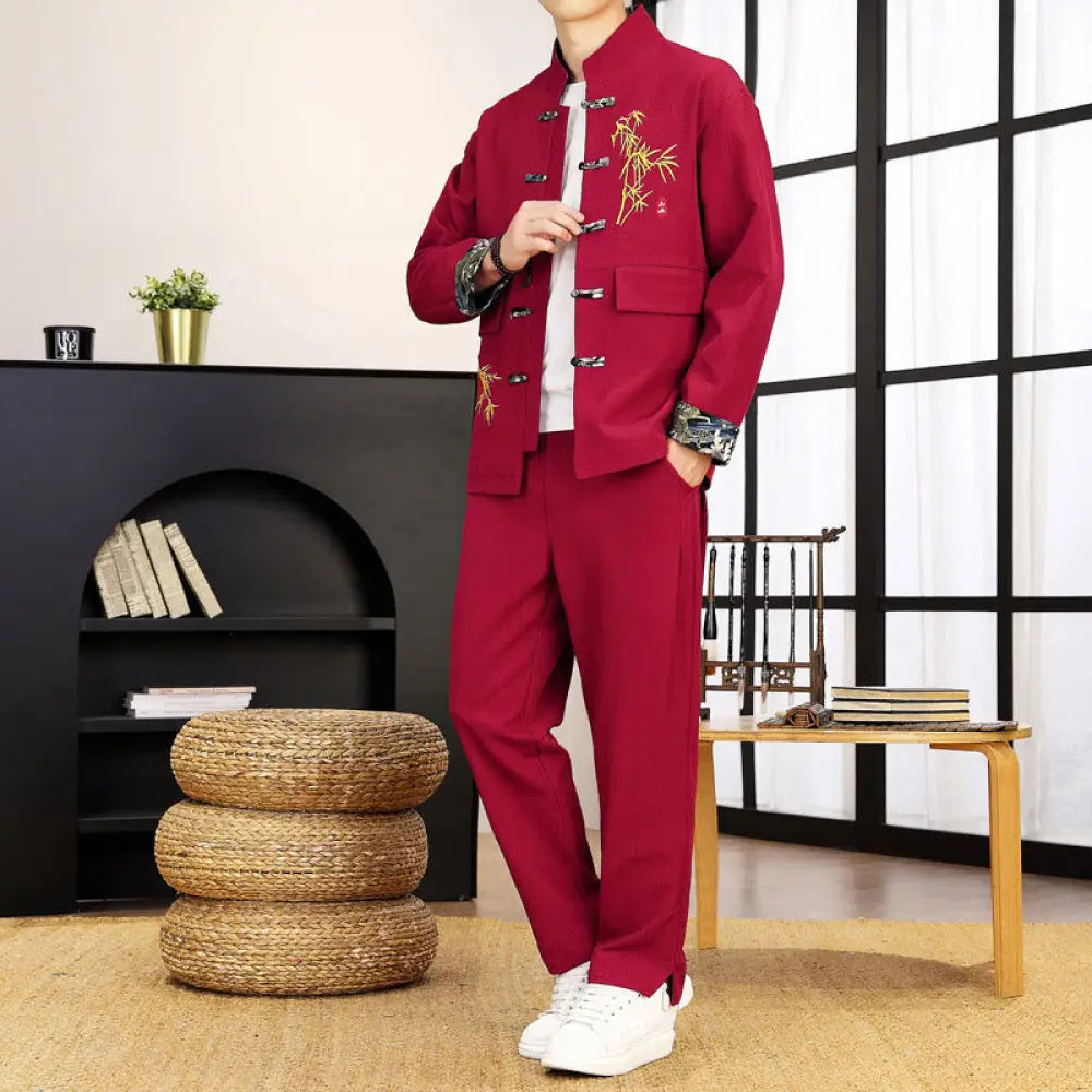 BWOOOH 2Pcs Tang Suit Bamboo Frog-Button Men’s Long Sleeve Shirt Pants Clothing Set - Crimson / US/UK/AU36，EU46 (L)