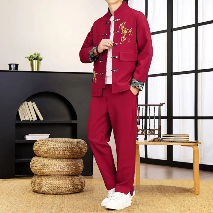BWOOOH 2Pcs Tang Suit Bamboo Frog-Button Men’s Long Sleeve Shirt Pants Clothing Set - Crimson / US/UK/AU36，EU46 (L)