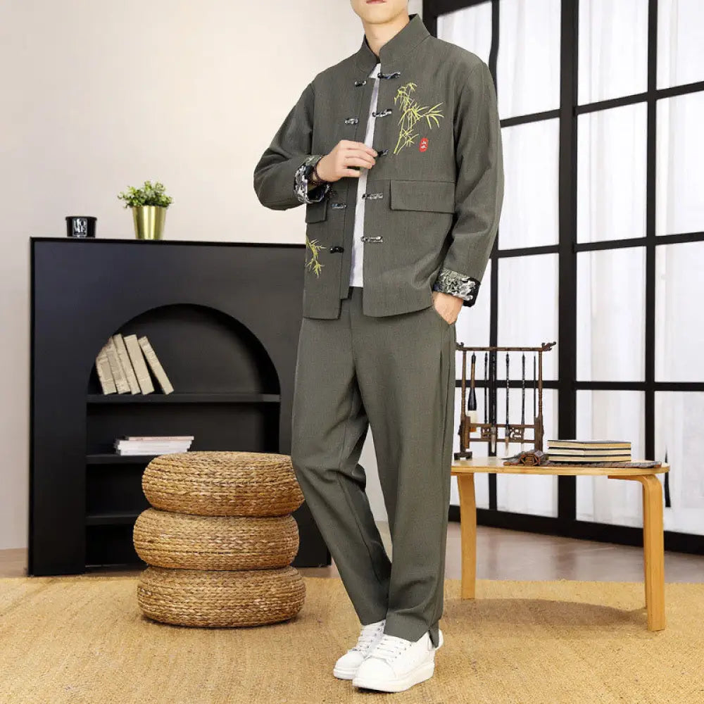 BWOOOH 2Pcs Tang Suit Bamboo Frog-Button Men’s Long Sleeve Shirt Pants Clothing Set - DarkKhaki / US/UK/AU36，EU46 (L)
