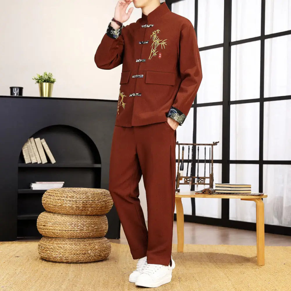 BWOOOH 2Pcs Tang Suit Bamboo Frog-Button Men’s Long Sleeve Shirt Pants Clothing Set - FireBrick / US/UK/AU36，EU46 (L)
