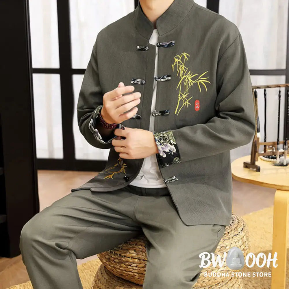 BWOOOH 2Pcs Tang Suit Bamboo Frog-Button Men’s Long Sleeve Shirt Pants Clothing Set - Men’s Meditation Cloth