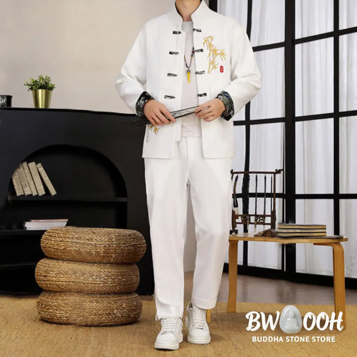 BWOOOH 2Pcs Tang Suit Bamboo Frog-Button Men’s Long Sleeve Shirt Pants Clothing Set - Men’s Meditation Cloth