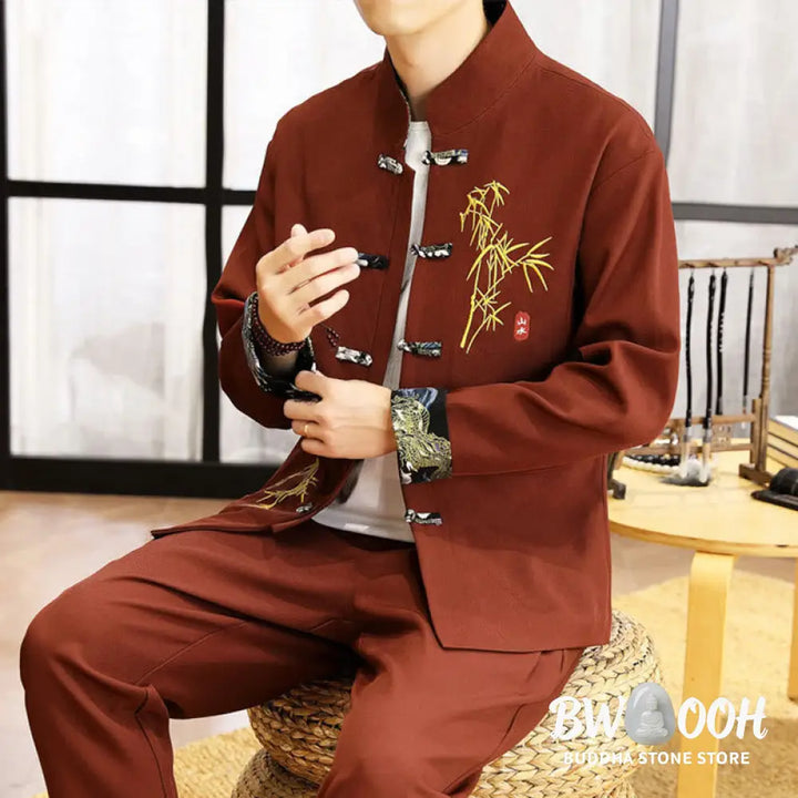 BWOOOH 2Pcs Tang Suit Bamboo Frog-Button Men’s Long Sleeve Shirt Pants Clothing Set - Men’s Meditation Cloth