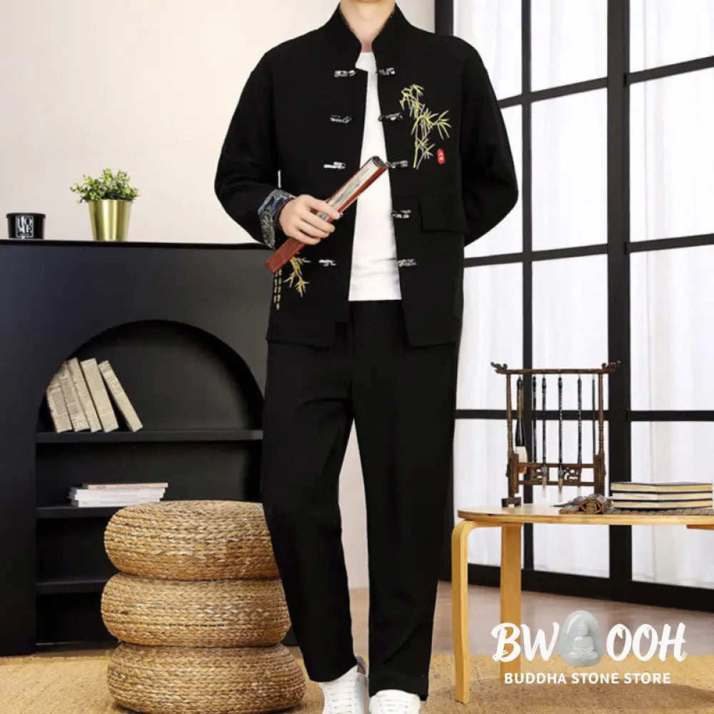 BWOOOH 2Pcs Tang Suit Bamboo Frog-Button Men’s Long Sleeve Shirt Pants Clothing Set - Men’s Meditation Cloth
