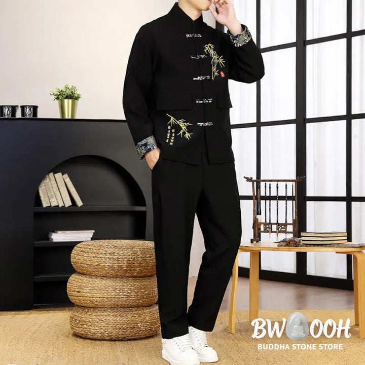 BWOOOH 2Pcs Tang Suit Bamboo Frog-Button Men’s Long Sleeve Shirt Pants Clothing Set - Men’s Meditation Cloth