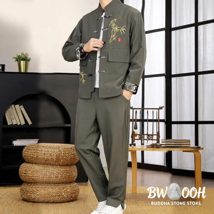 BWOOOH 2Pcs Tang Suit Bamboo Frog-Button Men’s Long Sleeve Shirt Pants Clothing Set - Men’s Meditation Cloth