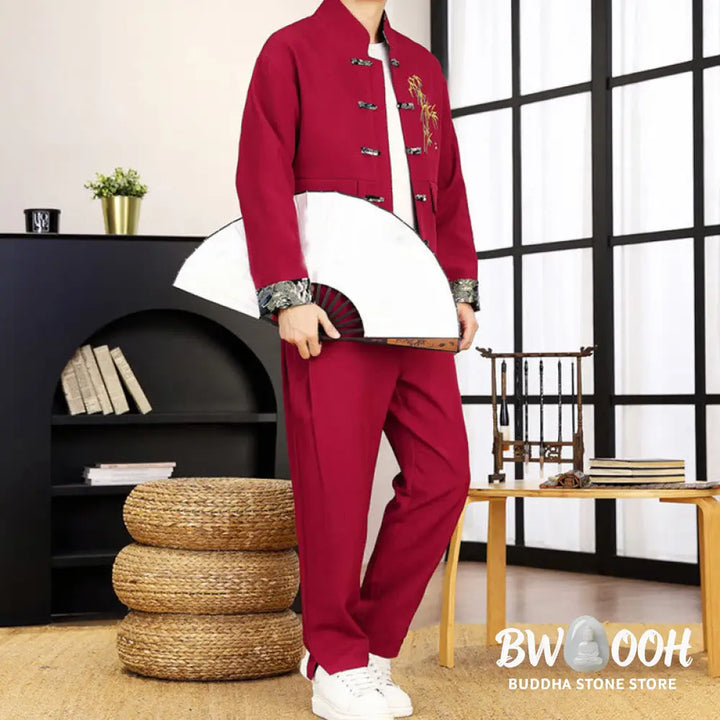 BWOOOH 2Pcs Tang Suit Bamboo Frog-Button Men’s Long Sleeve Shirt Pants Clothing Set - Men’s Meditation Cloth