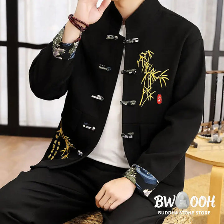 BWOOOH 2Pcs Tang Suit Bamboo Frog-Button Men’s Long Sleeve Shirt Pants Clothing Set - Men’s Meditation Cloth