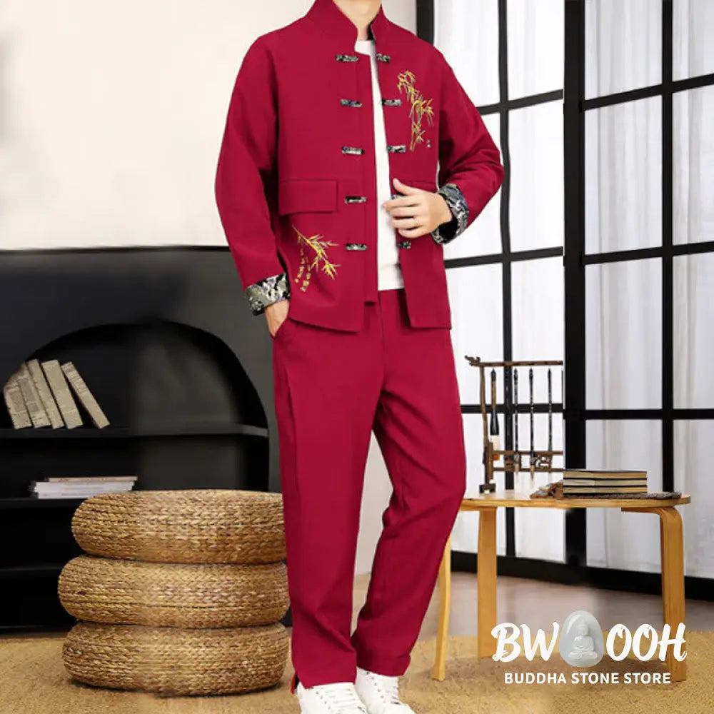 BWOOOH 2Pcs Tang Suit Bamboo Frog-Button Men’s Long Sleeve Shirt Pants Clothing Set - Men’s Meditation Cloth