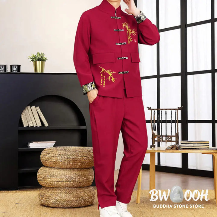 BWOOOH 2Pcs Tang Suit Bamboo Frog-Button Men’s Long Sleeve Shirt Pants Clothing Set - Men’s Meditation Cloth