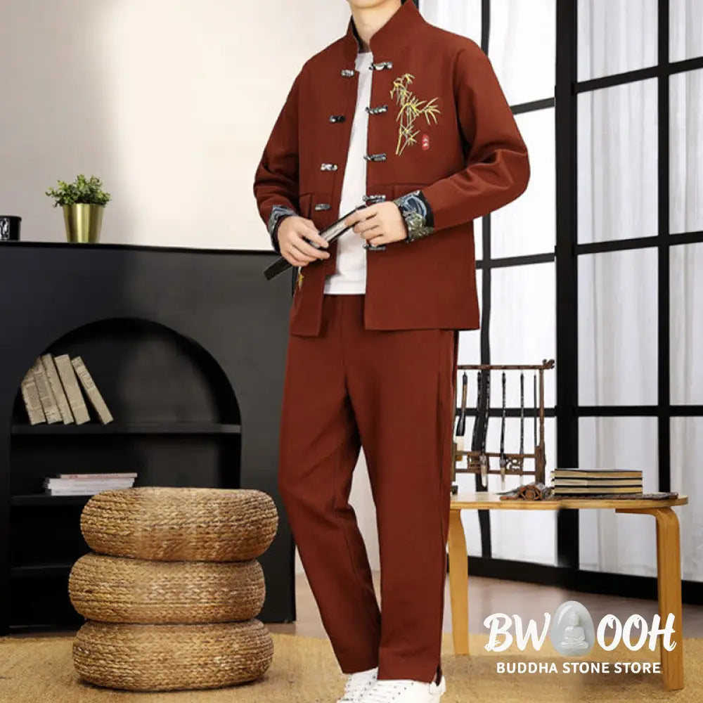 BWOOOH 2Pcs Tang Suit Bamboo Frog-Button Men’s Long Sleeve Shirt Pants Clothing Set - Men’s Meditation Cloth