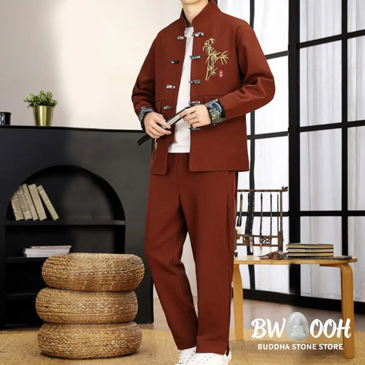 BWOOOH 2Pcs Tang Suit Bamboo Frog-Button Men’s Long Sleeve Shirt Pants Clothing Set - Men’s Meditation Cloth