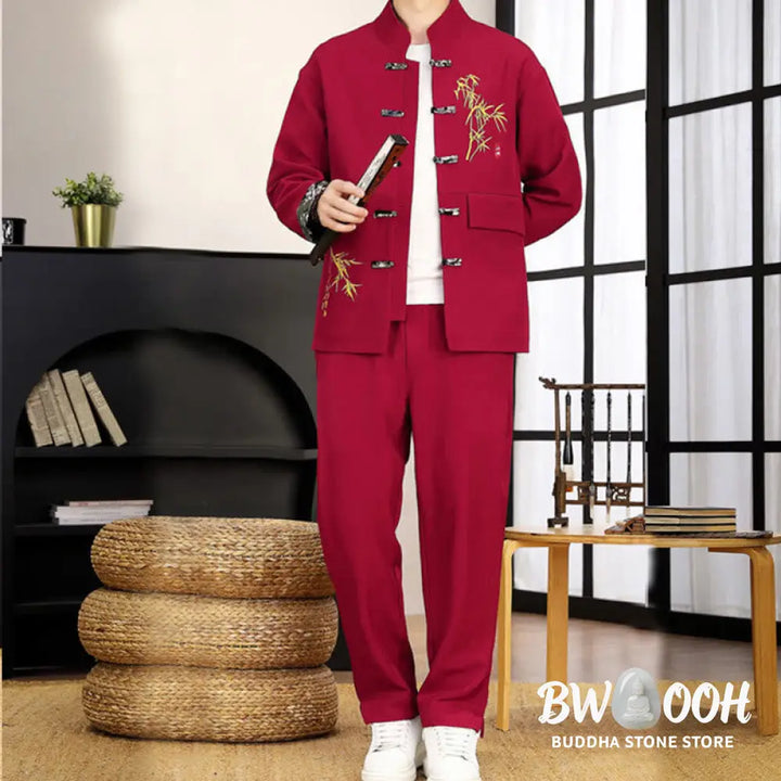 BWOOOH 2Pcs Tang Suit Bamboo Frog-Button Men’s Long Sleeve Shirt Pants Clothing Set - Men’s Meditation Cloth