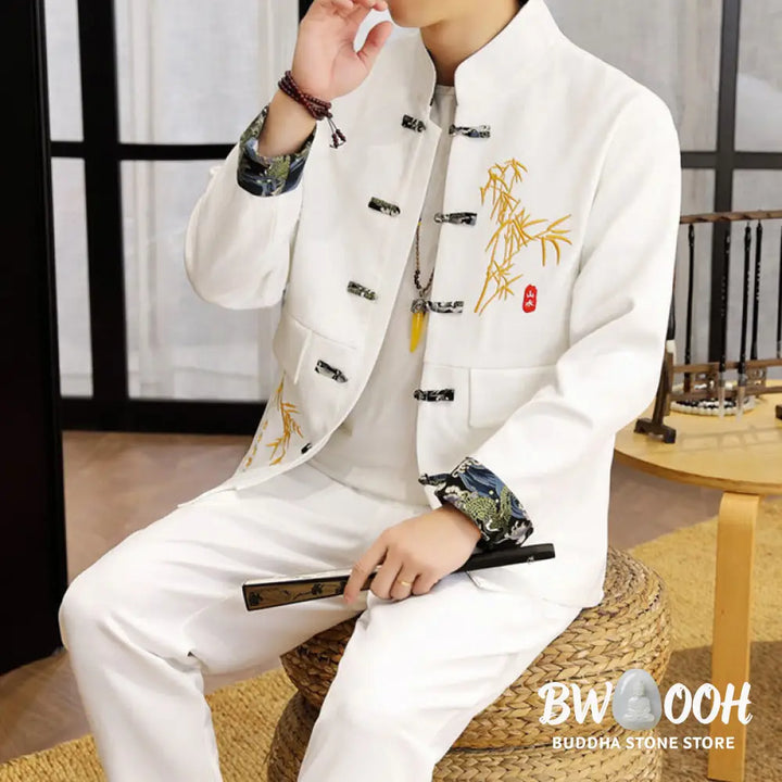 BWOOOH 2Pcs Tang Suit Bamboo Frog-Button Men’s Long Sleeve Shirt Pants Clothing Set - Men’s Meditation Cloth