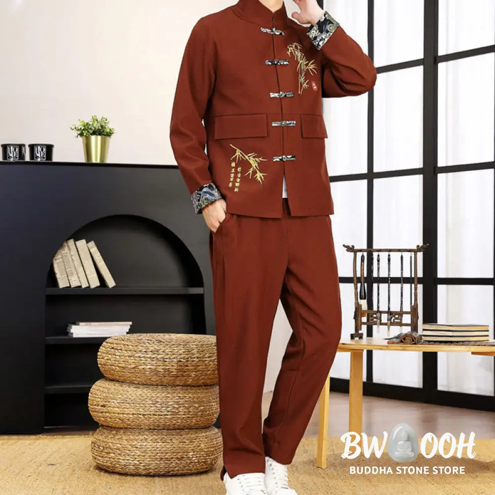 BWOOOH 2Pcs Tang Suit Bamboo Frog-Button Men’s Long Sleeve Shirt Pants Clothing Set - Men’s Meditation Cloth